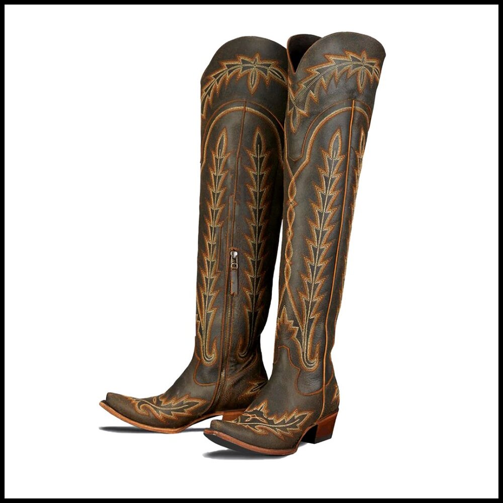 Over the Knee Cowboy Boots Embroidery Western Chunky Heel Side Zipper Thigh High